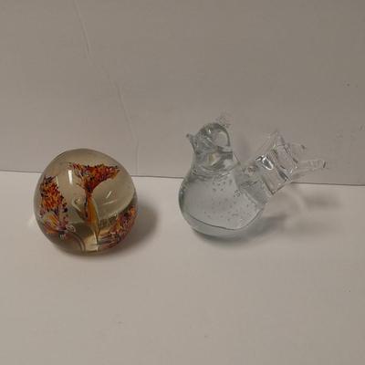 Two Glass Paperweights, Studio glass & Enesco bird