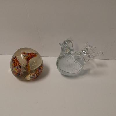 Two Glass Paperweights, Studio glass & Enesco bird
