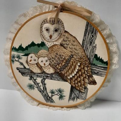 Owl wall hanging and owl figures, Harvey Knox Kingdom owl and Brass owl