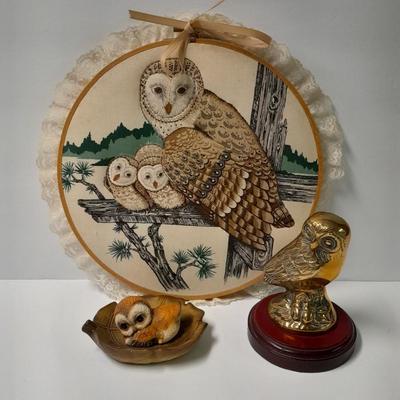 Owl wall hanging and owl figures, Harvey Knox Kingdom owl and Brass owl