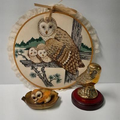 Owl wall hanging and owl figures, Harvey Knox Kingdom owl and Brass owl
