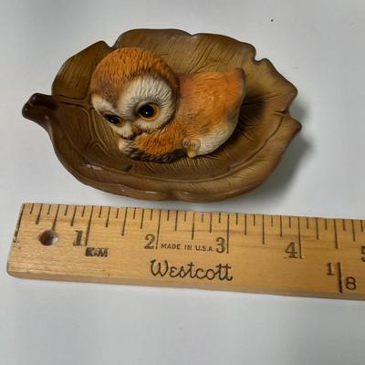 Owl wall hanging and owl figures, Harvey Knox Kingdom owl and Brass owl