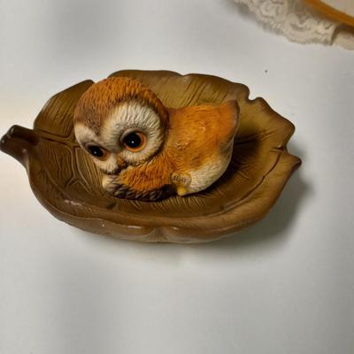 Owl wall hanging and owl figures, Harvey Knox Kingdom owl and Brass owl