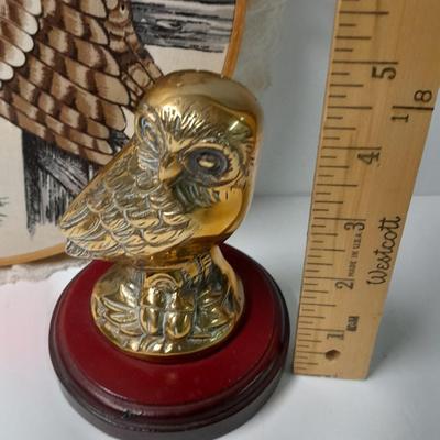 Owl wall hanging and owl figures, Harvey Knox Kingdom owl and Brass owl