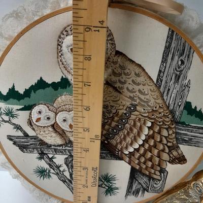 Owl wall hanging and owl figures, Harvey Knox Kingdom owl and Brass owl