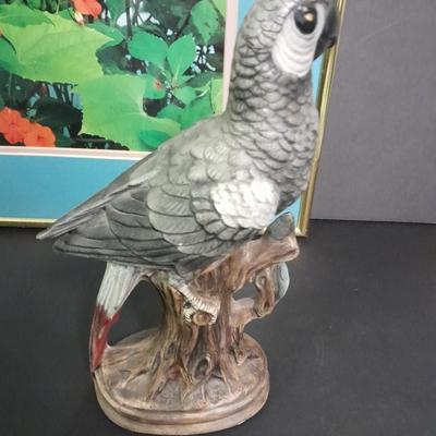 Framed waterfall Picture and Porcelain parrot figure