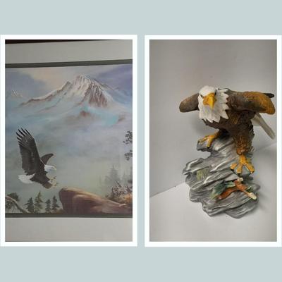 Hisako signed and framed Eagle Picture with Eagle Figure