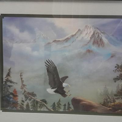 Hisako signed and framed Eagle Picture with Eagle Figure