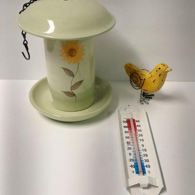 RUSS Berrie and Co. Hand painted Bird feeder - metal thermometer and wooden bird