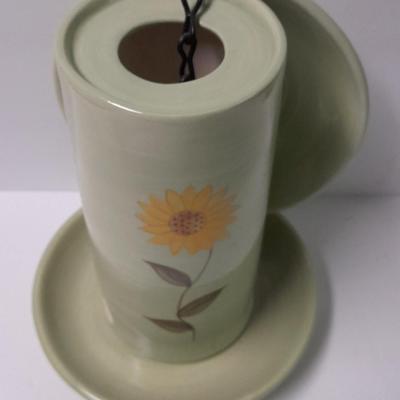 RUSS Berrie and Co. Hand painted Bird feeder - metal thermometer and wooden bird