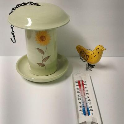 RUSS Berrie and Co. Hand painted Bird feeder - metal thermometer and wooden bird