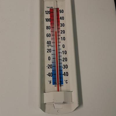 RUSS Berrie and Co. Hand painted Bird feeder - metal thermometer and wooden bird