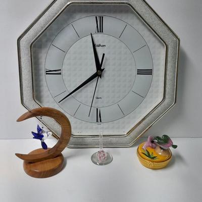 Blown glass art Cross, and Hummingbird with a Waltham Wall clock and ring box