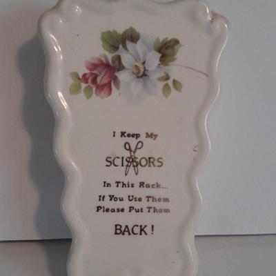 Vintage Scissor rack - Cross with poem, and porcelain bud vase with bird and flowers