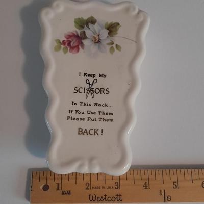 Vintage Scissor rack - Cross with poem, and porcelain bud vase with bird and flowers