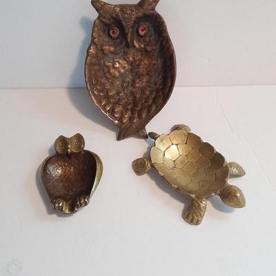 Small Israel brass owl trinket dishes and brass turtle
