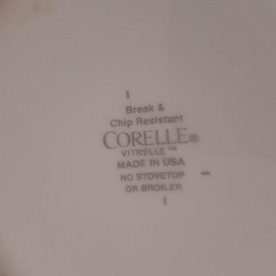 Corelle Vitrelle Dish set for six with Andre Richard Co linen napkins.