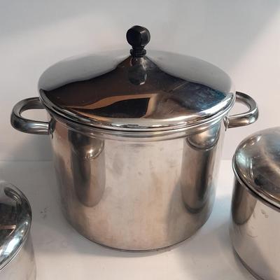Three stainless steel Kitchen Pots with lids