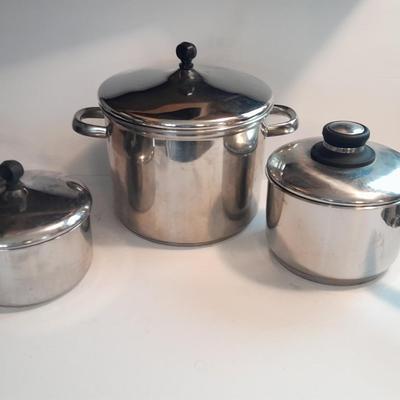 Three stainless steel Kitchen Pots with lids
