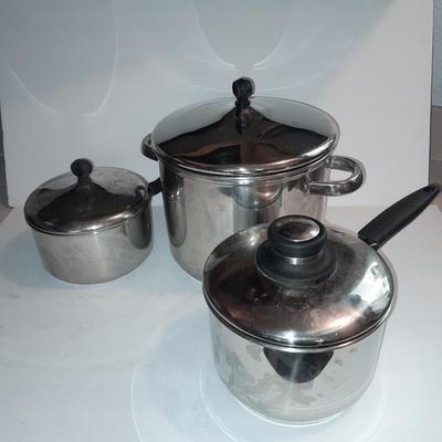Three stainless steel Kitchen Pots with lids
