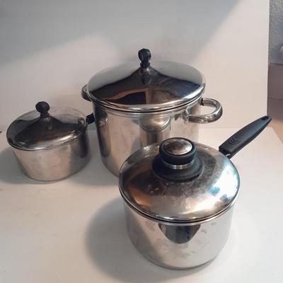 Three stainless steel Kitchen Pots with lids