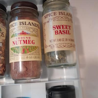 Plastic drawered Spice organizer with glass bottles of Spices