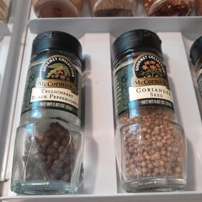 Plastic drawered Spice organizer with glass bottles of Spices