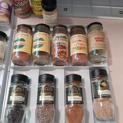 Plastic drawered Spice organizer with glass bottles of Spices
