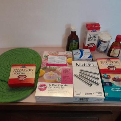 Cake adecorating kits, food coloring, and flavoring