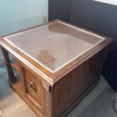 Square end table with glass top and woven / wicker design. (2)