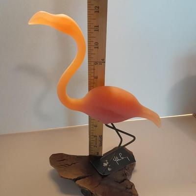 John Perry Studio Pink Flamingo Pellucida Resin Sculpture on Burlwood base
