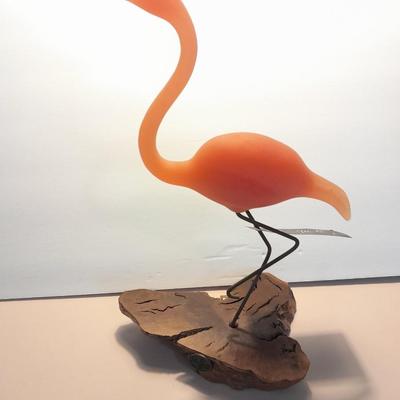 John Perry Studio Pink Flamingo Pellucida Resin Sculpture on Burlwood base