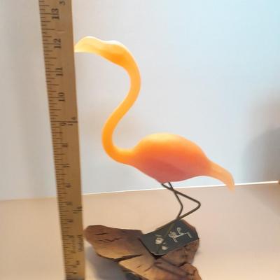 John Perry Studio Pink Flamingo Pellucida Resin Sculpture on Burlwood base