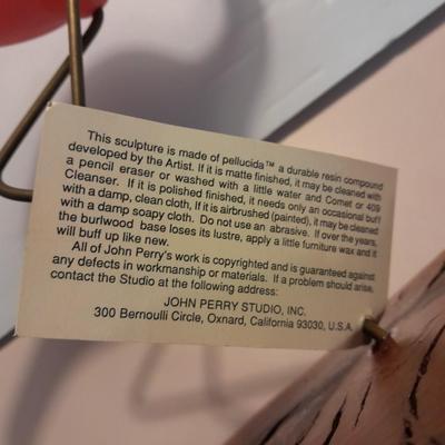 John Perry Studio Pink Flamingo Pellucida Resin Sculpture on Burlwood base