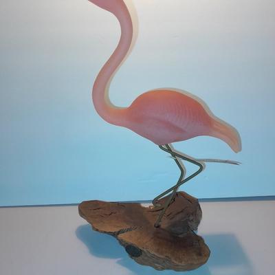 John Perry Studio Pink Flamingo Pellucida Resin Sculpture on Burlwood base