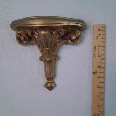 Large Gold framed beveled mirror with two MCM wall shelves.