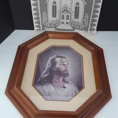Hanging lace tapestry and framed Jesus wall art