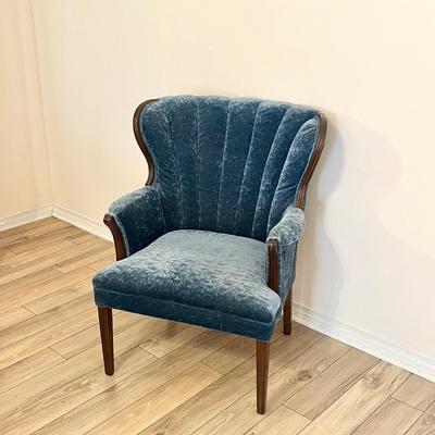 Vtg Blue Velvet Upholstered Armed Chair