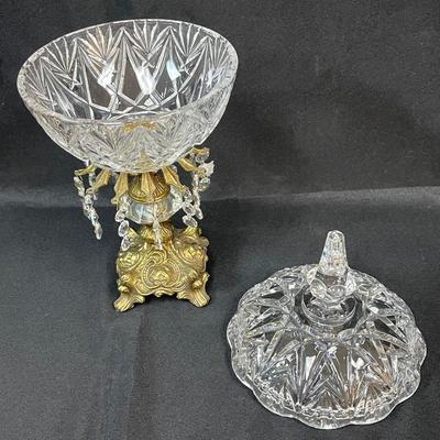 Vintage Hollywood Regency Filigree Style Glass Metal Pedestal Compote Candy Dish