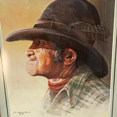 Vintage Framed M. Scovel Old West Cowboy Rancher Framed Portrait Art Print