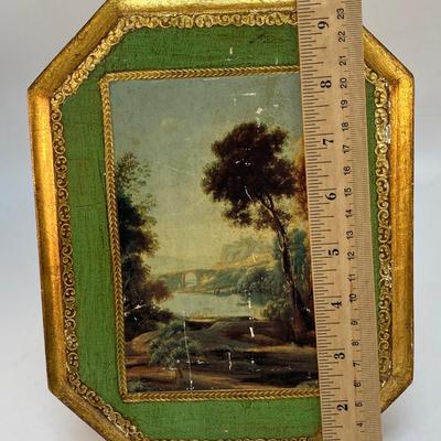 Vintage Made in Italy Mid Century Regency Florentine Style Wall Art Pond with Bridge by Forest