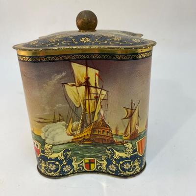 Vintage Nautical Maritime Sailing Ships Cookie Biscuit Tin Seahorses and Flowers Lid