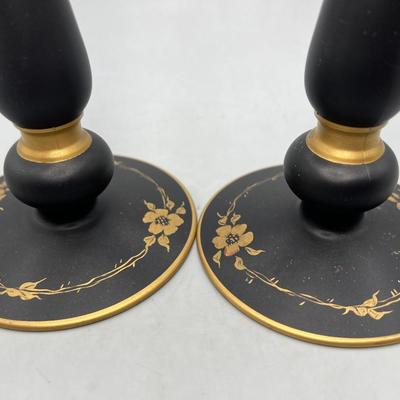 Vintage Pair of Black Satin Gold Motif Rose Flower Motif Gothic Candlesticks