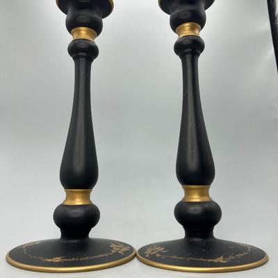 Vintage Pair of Black Satin Gold Motif Rose Flower Motif Gothic Candlesticks