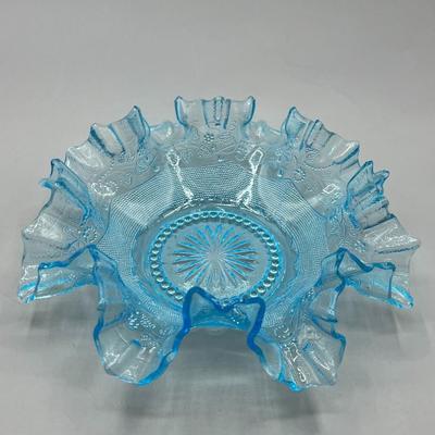 Vintage Aqua Blue EAPG Art Deco Glass Ruffled Texture Display Bowl