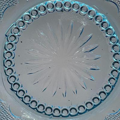 Vintage Aqua Blue EAPG Art Deco Glass Ruffled Texture Display Bowl