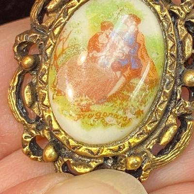 Vintage Painted Ceramic Victorian Couple Scene Brooch Pin