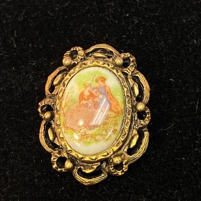 Vintage Painted Ceramic Victorian Couple Scene Brooch Pin