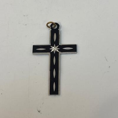 Thin Lightweight Silver Tone & Black Etched Cross Pendant Charm
