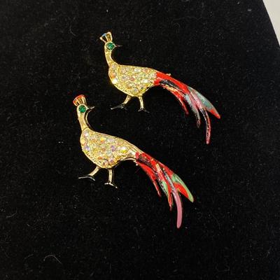 Pair of Gold Tone Enamel & Rhinestone Pheasant Peacock Bird Lapel Pins